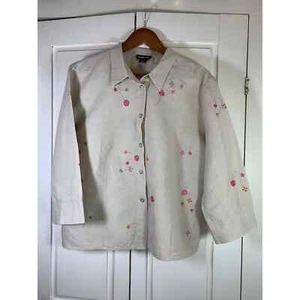 Vtg Leslie Fay Blouse Women’s 16 Floral Embroidered Linen Blend Top - Picture 1 of 12