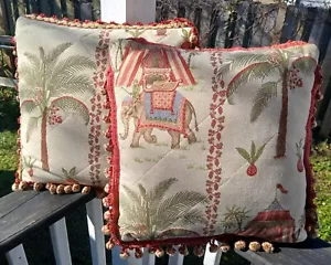 Set Of Two Vintage Elephant Tapestry Pillows Chinoiserie Handmade Plush Pillows - Picture 1 of 24