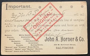 1898 POSTAL CARD UX10 JOHN A.HORNER&CO.SHIRTS,PANTS,HESTERY BALTIMORE MARYLAND - Picture 1 of 2