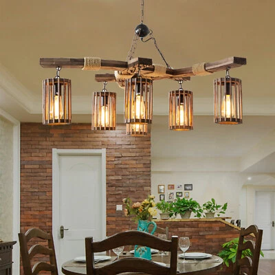 Farmhouse Chandelier Ceiling Fixture Wood Pendant Lamp Kitchen Island Light New - Image 1 of 4