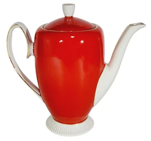 Chodziez Footed Coffee Teapot Red MCM Vtg Poland Ceramic Retro Tall Gold Trim - Picture 1 of 15