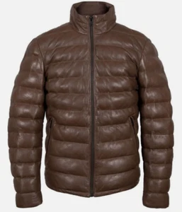 Men's Brown Leather Puffer Jacket Winter Quilted Real Lightweight Jacket - Picture 1 of 3