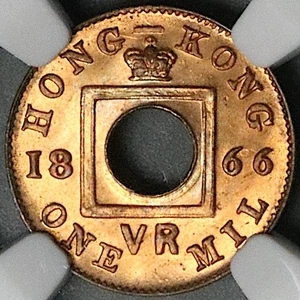 1866 NGC MS 66 RB Hong Kong 1 Mil Victoria Britain Empire Gem Coin (25072301C) - Picture 1 of 6