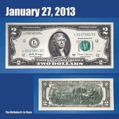 January 27, 2013 Birthday Anniversary $2 Two Dollar Bill Serial Number 01272013 - Image 1 of 2