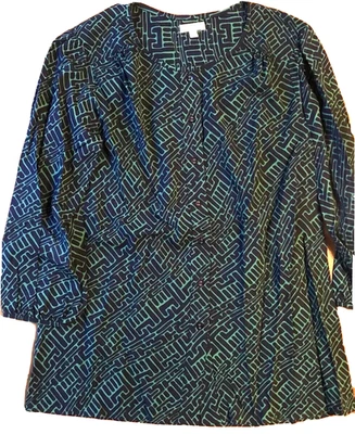 Shoshanna 女式上衣 6 码蓝色绿色几何图案 3/4 袖纽扣 — 第 1/4 张图片