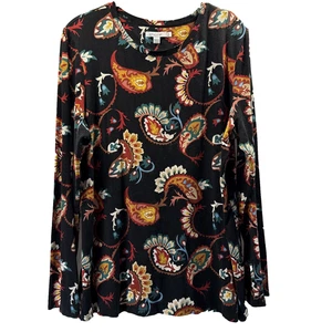 Chicos Women's Top Size XL Black Gold Paisley Long Sleeve Knit Stretch Light - Picture 1 of 6