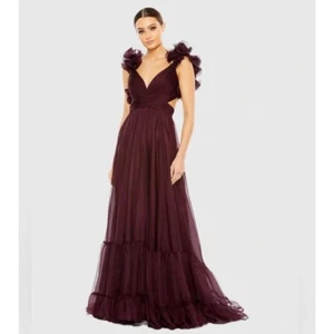Mac Duggal Style 67911 Bordeaux Ruffle Tiered Lace Up Chiffon Cut Out Gown Sz 16 - Picture 1 of 9
