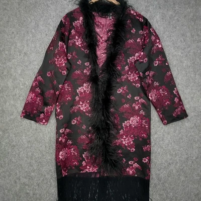 Frederick's of Hollywood Robe Womens L XL Black Pink Floral Feather Fringe Glam - Image 1 of 4