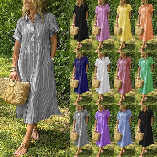 OFF WHITE Abito donna lungo a righe UK donna tasche sciolto scollo a V bottoni taglie forti