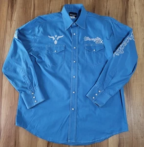 Camicia western Wrangler 20X blu uomo taglia L ricamata perle a scatto cowboy L/S - Foto 1 di 9