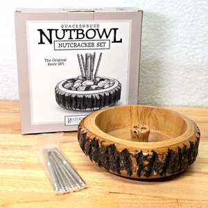 Vintage 7" Tree Bark Wood Wooden Nut Bowl Dish W/ Full Set - Cracker And 4 Picks - Picture 1 of 15