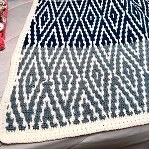 Handmade Crochet Blanket Throw Teal/Blue White Diamond Mosaic Afghan 51x65 - Picture 1 of 13