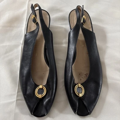 De colección Salvatore Ferragamo Negro Slingback Peep Toe Tacón Bajo Bloque Talla 9 B Foto 1 de 4
