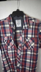 Buffalo David Bitton Men's M Plaid Short Sleeve Button Up Shirt Red Blue White - Picture 1 of 4