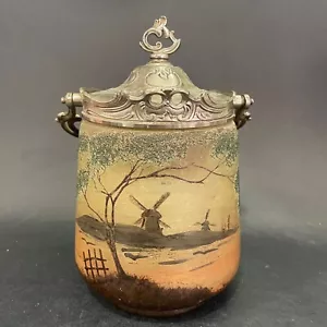 Pot à biscuits en verre peint émaillé, décor champêtre (H : 21 cm) - Foto 1 di 12