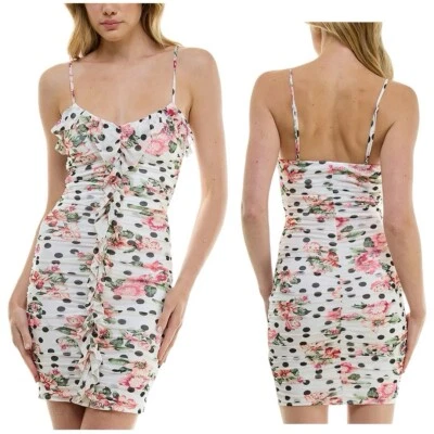 BCX Juniors' Small Multicolor Floral Polka Dot Ruched Ruffled Bodycon Dress - Image 1 of 4
