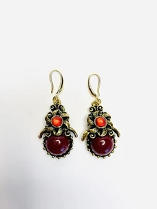 Antiqued Gold Earrings Maroon Red Jasper Victorian crystal Goth Avant-Garde - Picture 1 of 3