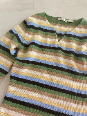ENERGIE - Women’s Green, Blue & Yellow Striped V-Neck Sweater - Size S - Image 1 of 4