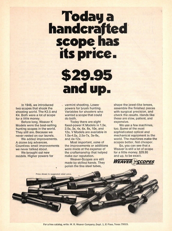1971 Печатная реклама Weaver прицелы сегодня ручной работы прицел имеет цену. $29,95 и выше - Изображение 1 из 1