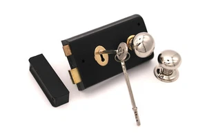 Altes viktorianisches schwarzes Türfelgenschloss und poliertes Nickel Landhaus Türgriffe Set (N) - Bild 1 von 7