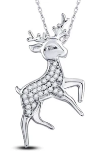 Christmas 1.00ct Natural round diamond 14k solid white gold Deer Pendant - Picture 1 of 3