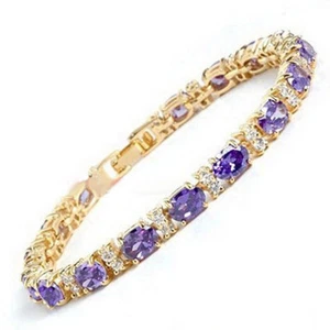 Fashion Purple Cubic Zirconia 18KGP Crystal Link Clasp Women Bangle Bracelet - Picture 1 of 3