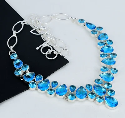 Svizzero Blu Topazio Gemma 925 Argento Sterling Collana Per Anniversario Regali - Immagine 1 di 4
