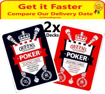 2 x Queen's Slipper POKER Playing Cards Deck High Quality Casino Slip RED + BLUE - Image 1 of 4