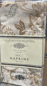Raymond Waites Napkins Silver & Gold on Cream Floral Leaves Pattern Set of 4 New - Picture 1 of 5