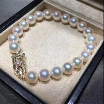 7.5-8" AAAA+ 8-9mm natural Japanese Akoya white Round pearl bracelet 14k gold - Image 1 of 4
