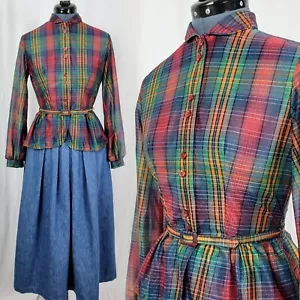 Top vintage con botones peplum a cuadros multicolor pernos con cinturón talla 11 - Imagen 1 de 22