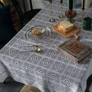 Vintage Hand Crochet Lace Tablecloth Rectangle Table Cloth Covers Wedding Prop - Picture 1 of 19