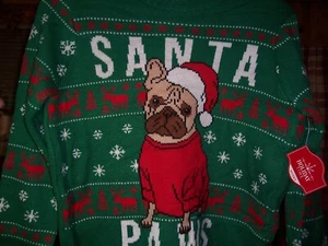 HOLIDAY TIME BOYS SANTA PAWS BULLDOG SWEATER SIZE LARGE 10-12 HUSKY GREEN NEW - Picture 1 of 1