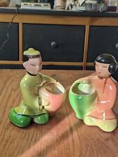 Vintage Asian Boy and Girl Hand Painted Ceramic Planters - Set of 2