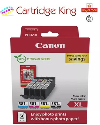 Canon CLI-581XL High Yield Genuine Ink Cartridges, Pack of 4 (Black, Cyan, Magen - Image 1 of 4