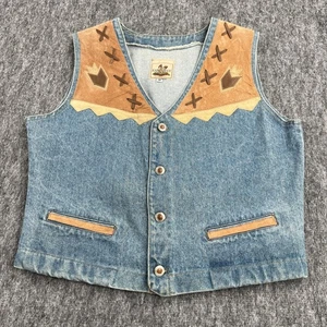 Vintage Sap Man Vest Womens Large* Denim Western Cowboy Suede Trim USA Made 80s - Picture 1 of 15