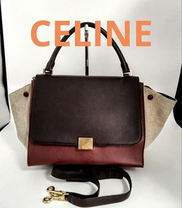 CELINE Trapez 2WAY Handtasche Bordeaux Beige Leder Canvas Schultertasche GEBRAUCHT 904J - Bild 1 von 12