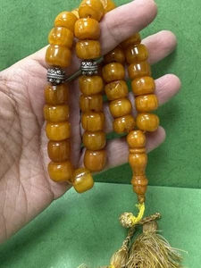 Antico Miscky Burro Scotch Giallo Ambra Bachelite Preghiera Islamica 33 Perline 62g - Foto 1 di 24