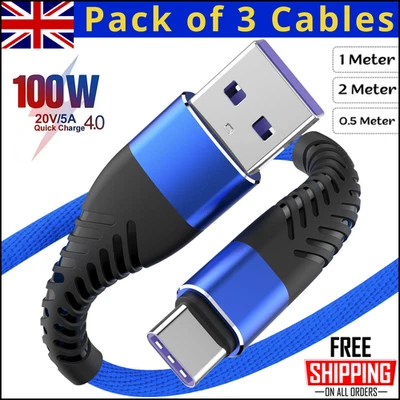 USB A to USB-C Cable Braided Fast Charger Type C Lead For iPhone 15 16 / Samsung - Image 1 of 4