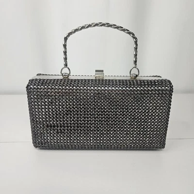 Retro Silver Box Style Evening Handbag Metal Top Handle Metallic Purse By Ande - Image 1 of 4