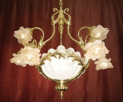 ANTIQUE FRENCH CHANDELIER SHINY BRASS 12 LAMPs SATINED PINK BOWLs 32“ø 2x - Image 1 of 4