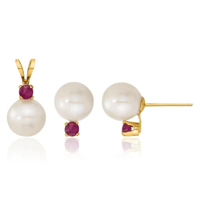 14K Solid Yellow Gold 7mm White Round Freshwater Cultured Pearl .30ru Ruby St... - Image 1 of 4