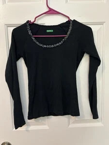 Y2K Benetton Women's Black Long Sleeve Modal Shirt XS Made in Italy Sequins - Picture 1 of 5