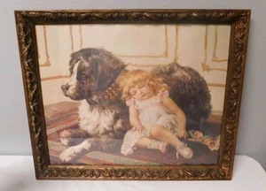 COMPANIONS Mädchen Puppe & Neufundland Border Collie ANTIK gerahmte Kunst 22"x18" - Bild 1 von 5