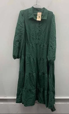Moda Para Mujer Vestido camisero midi verde con cuello de manga larga en capas XL NUEVO CON ETIQUETAS Foto 1 de 4