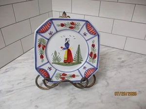 Vintage HB Henriot Quimper Octagon Breton Lady Mistral Blue Plate 7 3/4" France - Picture 1 of 6