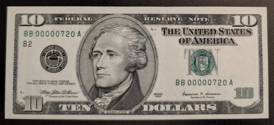 GEM UNC/Low Serial #720/Minor ERROR $10 1999 Federal Reserve Note! - Image 1 of 2