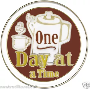 ONE DAY AT A TIME COFFEE POT 12 Step Recovery Program Enameled Medallion - Imagen 1 de 3