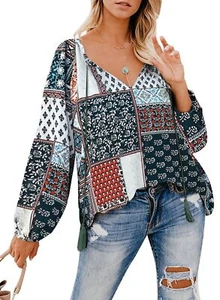 Women Floral V Neck T-Shirt Tops Ladies Long Sleeve Casual Loose Blouse Tee XL - Picture 1 of 1
