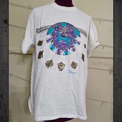 Camiseta vintage años 90 para mujer Nuevo México plumas caballo grande puntada única blanca Foto 1 de 4